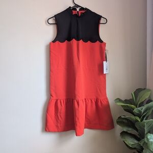 Victoria Beckham Red Sleeveless Dress with Black Scallop Neckline
